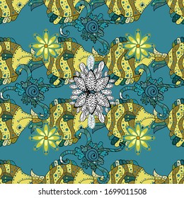 Seamless. Watercolor texture fish pattern. Vector illustration. Neutral, yellow and blue.