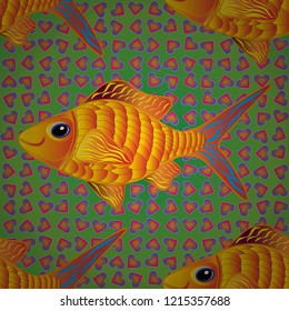 Seamless watercolor texture fish vector pattern in yellow, orange and green colors. Abstract stylized fishes.