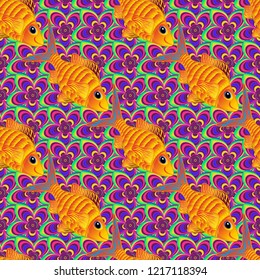 Seamless watercolor texture fish vector pattern in magenta, purple and yellow colors. Abstract stylized fishes.