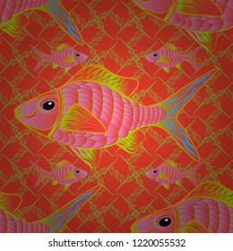 Seamless watercolor texture fish vector pattern in red, pink and green colors. Abstract stylized fishes.