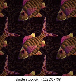 Seamless watercolor texture fish vector pattern in brown, orange and black colors. Abstract stylized fishes.