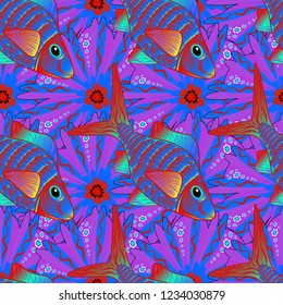Seamless watercolor texture fish vector pattern in blue, red and violet colors. Abstract stylized fishes.
