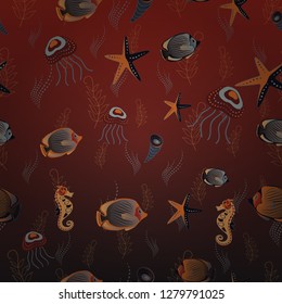 Seamless watercolor texture fish vector pattern in red, gray and brown colors. Abstract stylized fishes.