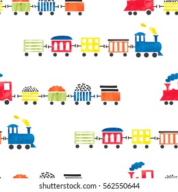 Seamless watercolor toy trains pattern. Vector colorful background for kids design. 