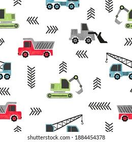 Seamless watercolor transport pattern with construction trucks.