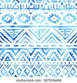 Seamless watercolor tribal pattern. White and blue geometric print. Ethnic and aztec motifs. Ornament for textiles, home decor, packaging. Vector illustration.