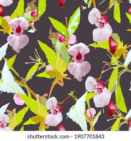 Seamless watercolor tropical pattern with orchids and leaves. Beautiful colored background. Vector print for design, for fabric decoration.