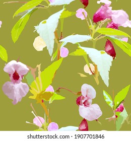 Seamless watercolor tropical pattern with orchids and leaves. Beautiful colored background. Vector print for design, for fabric decoration.