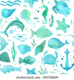 Seamless watercolor underwater life pattern. Boundless pattern can be used for web page backgrounds, wallpapers, wrapping papers, invitation and summer designs.