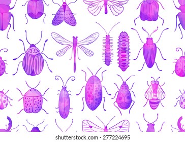 Seamless watercolor vector background. Bugs and butterflies.