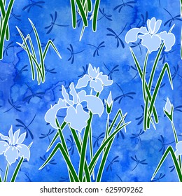 Seamless watercolor vector background in japanese style with irises and dragonflies.