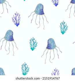  Seamless watercolor vector pattern with algae and jellyfish.