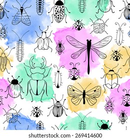 Seamless watercolor vector pattern. Background with bugs and butterflies. 