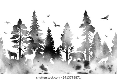 Patrón vectorial de acuarela sin foco con bosque conífero y animales. Silhouette de abetos, pinos, ciervos, liebre, zorro, lobo, oso y pájaros aislados en fondo blanco. Patrón de borde natural