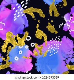 Seamless watercolor vector pattern with hand drawn graphic element. Gold foil texture. Fashion print for design.
