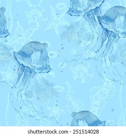 Seamless watercolor vector pattern with jellyfish