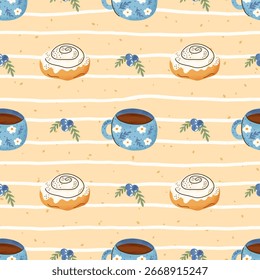 Seamless watercolor vector pattern with tea cups, mugs, cinnabon and blueberry in a cozy gingham and floral style, perfect for fabric, wallpaper, and gift wrap.