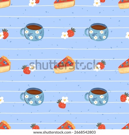 Seamless watercolor vector pattern with tea cups, mugs, cheesecake and strawberry in a cozy gingham and floral style, perfect for fabric, wallpaper, and gift wrap.