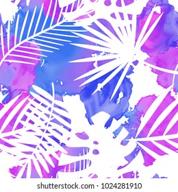 Seamless watercolor vector pattern with tropical plants and palm leaves. Fashion jungle print for design.