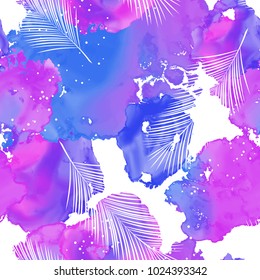 Seamless watercolor vector pattern with tropical plants and palm leaves. Fashion jungle print for design.