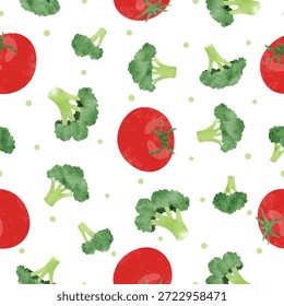 Padrão vegetal de aquarela sem costura com brócolis e tomates