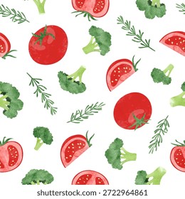 Padrão vegetal de aquarela sem costura com brócolis, tomates e alecrim
