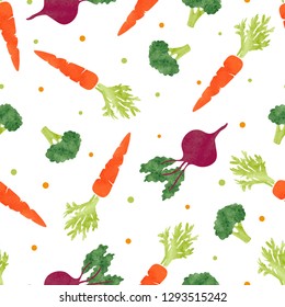 Seamless watercolor vegetables pattern with broccoli, carrot and beet. Vector background
