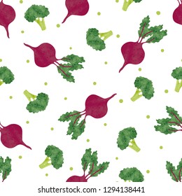Seamless watercolor vegetables pattern with broccoli and beet. Vector background
