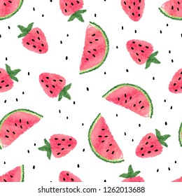 Seamless watercolor watermelon and strawberry pattern.