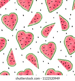 Seamless watercolor watermelons pattern. Vector background with heart shaped watermelon slices.