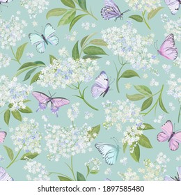 Seamless watercolor white elderberry floral background. Spring elderflower and butterflies pattern template vector. Summer flowers wedding design illustration