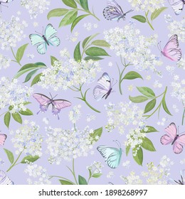 Seamless watercolor white elderberry floral background. Spring elderflower and butterflies pattern template vector. Summer flowers wedding design illustration