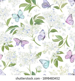 Seamless watercolor white elderberry floral background. Spring elderflower and butterflies pattern template vector. Summer flowers wedding design illustration