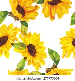 Seamless watercolour sunflowers pattern, scalable vector graphic