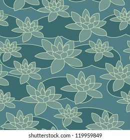 Seamless water-lily pattern in blue colors. Vector illustration