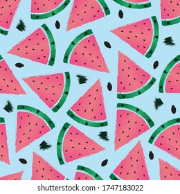 Seamless watermelon background. Triangular slices of juicy watermelon with seeds. Vector illustration on a blue background, isolated for design and web.