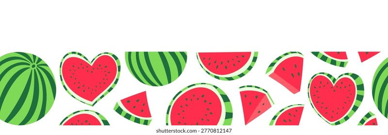 Seamless watermelon border made from whole fruits, round slices, triangle wedges and heart shapes. Fresh summer fruit frame pattern for banners and cards.
