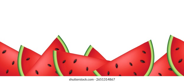 Limite de melancia sem costura. Fatia de melancia. Ilustração em 3d vetorial isolada sobre fundo branco.