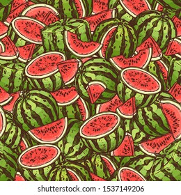 Seamless watermelon bright summer pattern. Vector doodle linear background with illustrations of fruits