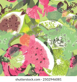 Seamless watermelon fruit pattern with abstract fruit basket tropical fruit background elements in pink, red, green and brown color
