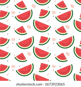 Modelo inconsútil de la fruta de la sandía en un fondo blanco. Esta textura repetitiva vibrante y fresca es perfecta para una amplia gama de proyectos de diseño.