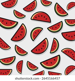 Seamless watermelon fruit pattern. Playful vector background ideal for food, healthy eating, and picnic themes. Bright and colorful. sstkBackgrounds