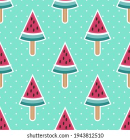 Seamless watermelon ice lolly vector pattern. Repeat summer fruit background with food elements. Trendy mint green fashion print design. Modern illustration.
