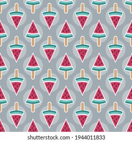 Seamless watermelon ice lolly vector pattern. Repeat summer fruit background with food elements. Trendy gray fashion print design. Modern illustration.