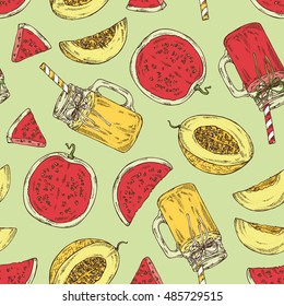 Seamless with watermelon and melon smoothie. hand drawn