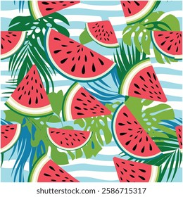 Seamless Watermelon Pattern with Black Seeds and Watercolor Slices