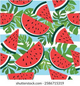 Seamless Watermelon Pattern with Black Seeds and Watercolor Slices