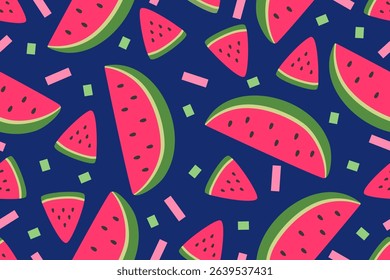 Seamless watermelon pattern and decorated with geometric shapes.