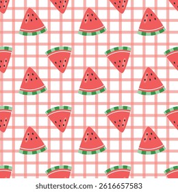 Seamless watermelon pattern with gingham background in cute hand drawn style