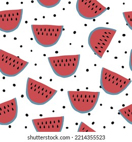 Seamless watermelon pattern and hand drawn dots on white background.
